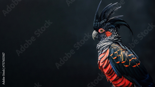 portrait of a black and red cockatoo with empty copy space for text. photo
