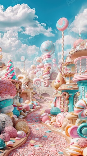 A whimsical candy land scene with sweet treats and pastel colors