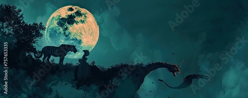 Mystical encounter, tiger meeting unicorn at twilight, dragon silhouette against the moon