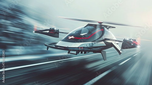 Sleek flying ambulance racing through the sky at breakneck speeds, revolutionizing emergency response with advanced tech photo
