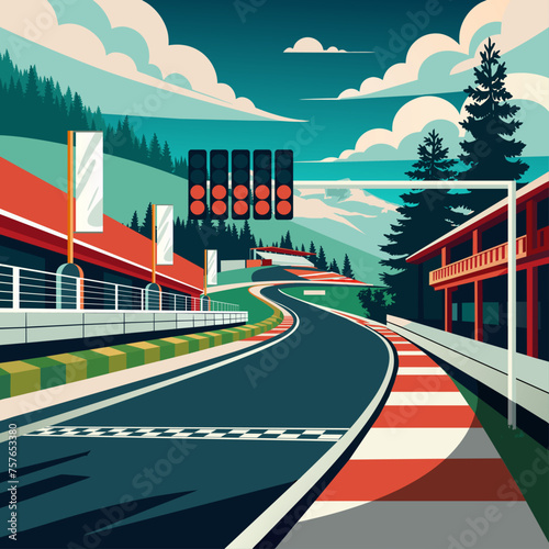 Vector illustration of a F1 vintage style race track in start finish line with lights landscape