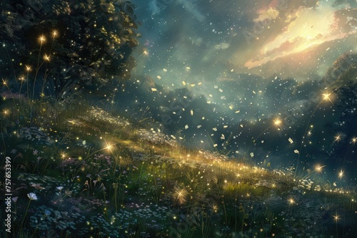 A meadow where falling stars turn into gemstones