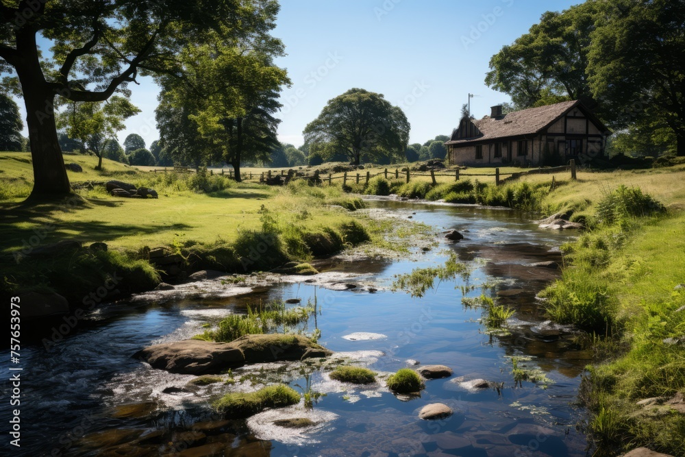 Small stream flowing through grassy field with house in background