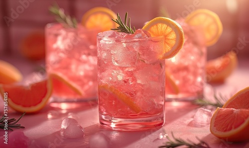 Pink background with pink transparent drink with ice.