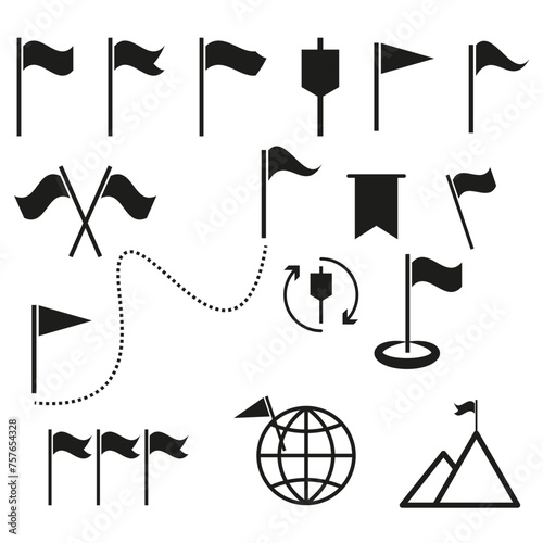 Various flag and pennant icons in a monochrome vector style. Vector illustration. EPS 10.
