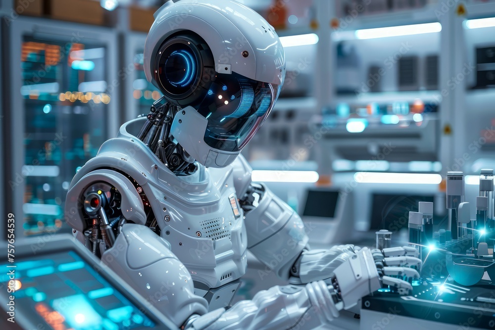 Advanced Humanoid Robot Engaged in Scientific Research at a High-Tech Laboratory Advanced Humanoid Robot Engaged in Scientific Research at a High-Tech Laboratory