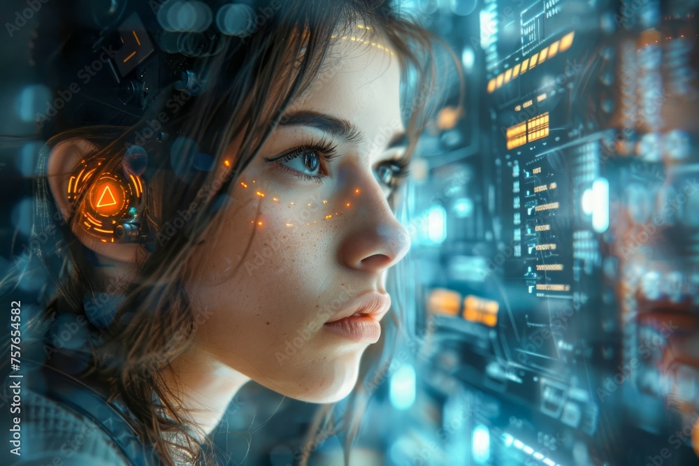 Future Technology Concept with Young Woman Engaged in Advanced Computer Interface Analysis Future Technology Concept with Young Woman Engaged in Advanced Computer Interface Analysis
