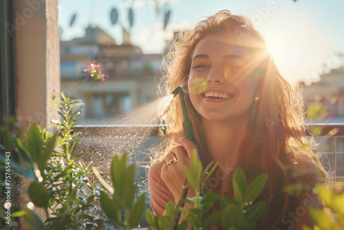 Close up of a smiling young woman standing at a beautiful modern terrace, she is spraying water on houseplants, lovely sunlit coming from her back...