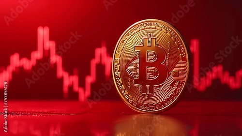Bitcoin cryptocurrency price value Falling drop concept; bitcoin price down on red candle-stick chart background,