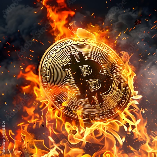 Bitcoin crypto currency gold coin burning under fire. Hot price or high value exchange rate of bitcoin token on crypto currency market. Investing in assets, lose investments due to financial risk.