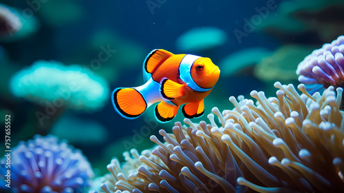 Colorful clownfish swims gracefully among vibrant corals