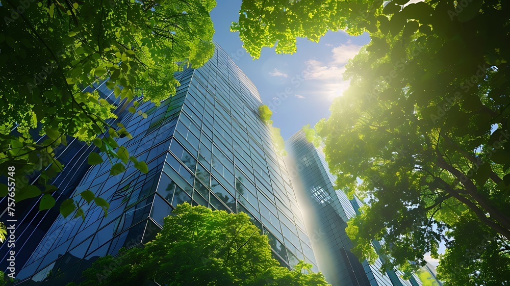 Environmentally friendly modern office building in the CBD sustainable office building with green natural trees reducing carbon dioxide for a green environment. Generative AI - obrazy, fototapety, plakaty 