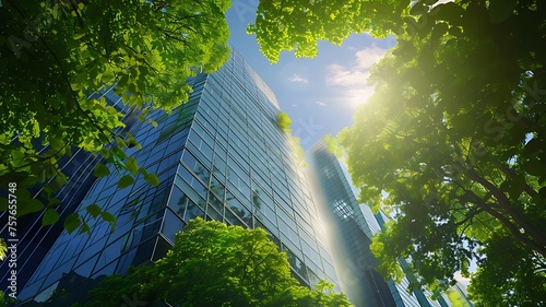 Environmentally friendly modern office building in the CBD sustainable office building with green natural trees reducing carbon dioxide for a green environment. Generative AI