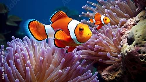 Colorful clownfish swims gracefully among vibrant corals