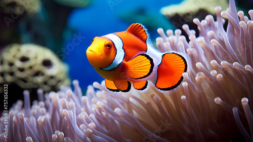 Colorful clownfish swims gracefully among vibrant corals