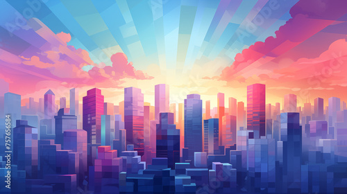 Radiant Sunrise Over Geometric Cityscape