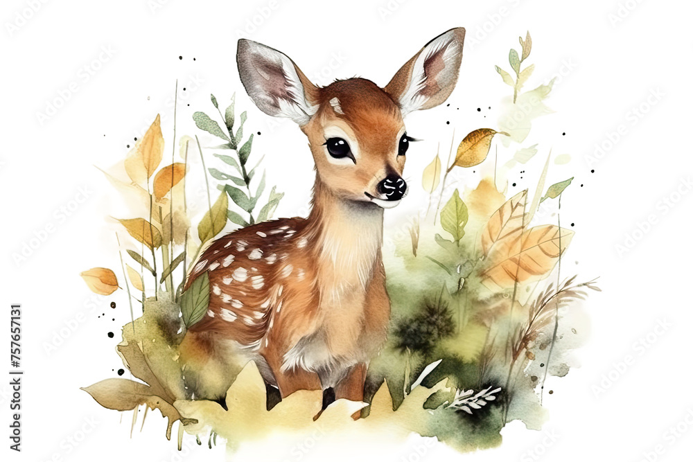 shower deer animal forest baby card cute picture deer Watercolor children's deer Bambi little baby congratulations