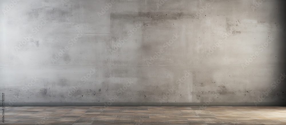 An empty room with a hardwood brown wooden floor and grey concrete wall. The room features a rectangular shape with tints and shades of brown and grey An empty room with a hardwood brown wooden floor and grey concrete wall. The room features a rectangular shape with tints and shades of brown and grey