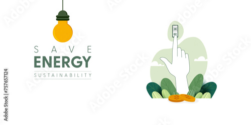 Save Energy concept. Hand turn off switch for energy saving. Vector Illustration.