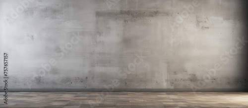 An empty room with a hardwood brown wooden floor and grey concrete wall. The room features a rectangular shape with tints and shades of brown and grey