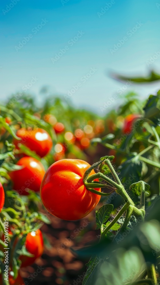 Red tomatoes on the vine, growing in an open field under a blue sky on a sunny day, depicting healthy and fresh food in a concept