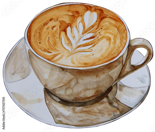 Watercolor Painting of Cup of Coffee , isolated on White . AI generated Illustration.