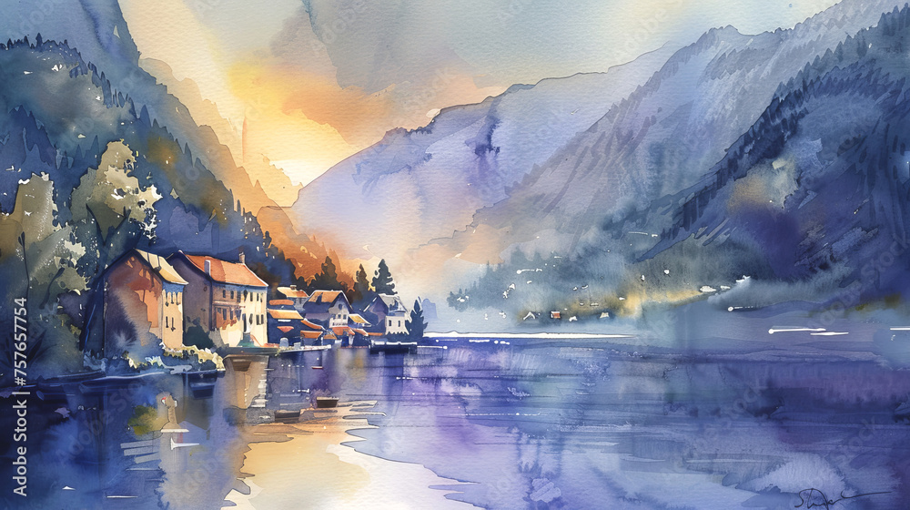 Fototapeta premium Twilight Descends on Alpine Village, Watercolor Painting of Dusk Reflections on Lake, Peaceful Evening Wall Art for Home