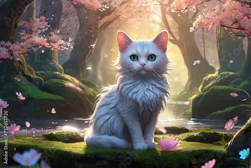 Fantasy Japan kitty amidst flowers in magical enchanted forest. Artistic abstract nature. Ideal for wallpaper or posters.  © Amila Vector