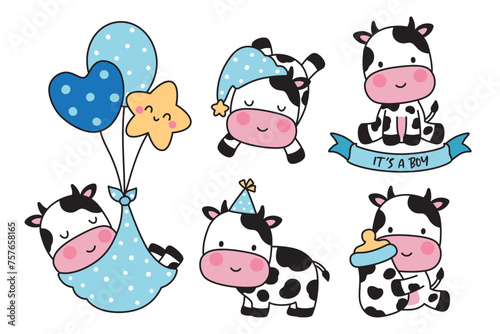 Baby Boy Shower hand-drawn vector illustration of cute baby boy cow with balloons and milk bottle.