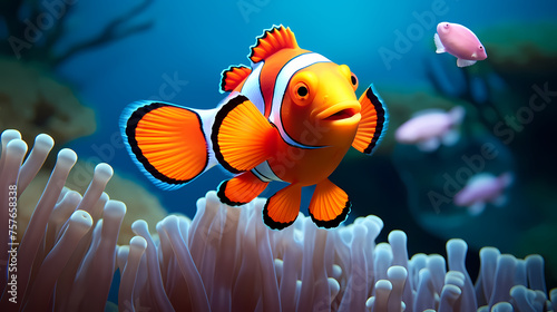 Clown fish swimming in the sea on coral reef background © xuan