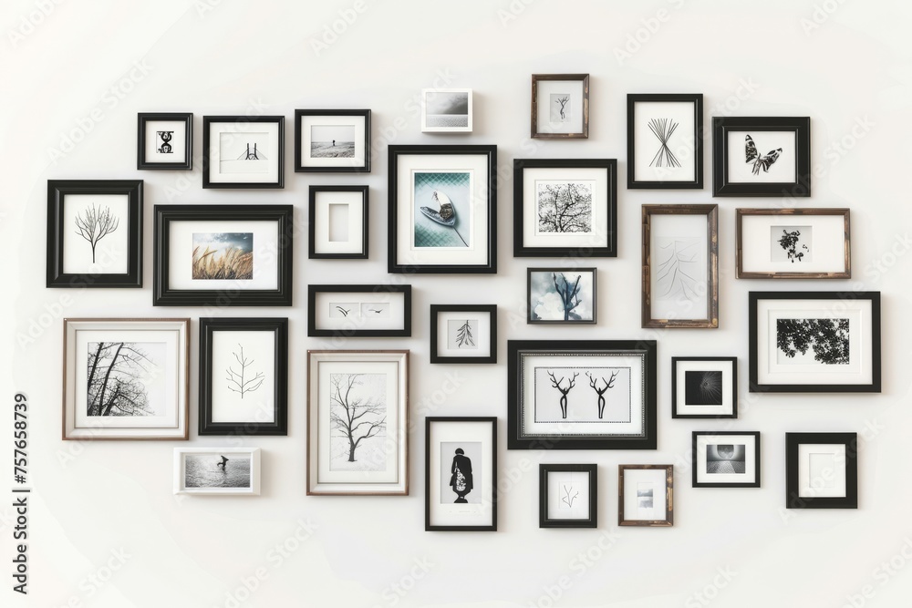 Collection of framed artwork, creating a gallery wall to showcase personal style and creativity, on isolated white background, Generative AI Collection of framed artwork, creating a gallery wall to showcase personal style and creativity, on isolated white background, Generative AI