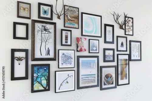 Collection of framed artwork, creating a gallery wall to showcase personal style and creativity, on isolated white background, Generative AI © Box Milk