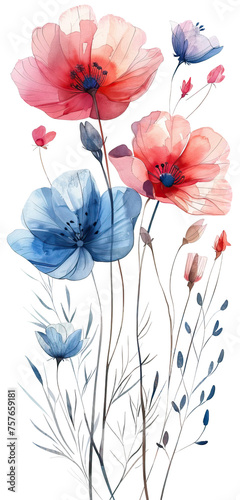 Watercolor Painting of Flowers, isolated on White Background. AI generated Illustration.