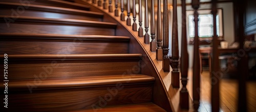 An intricate wooden staircase in a house with hardwood flooring, a handrail, and wood stain, leading up to a door on the second floor