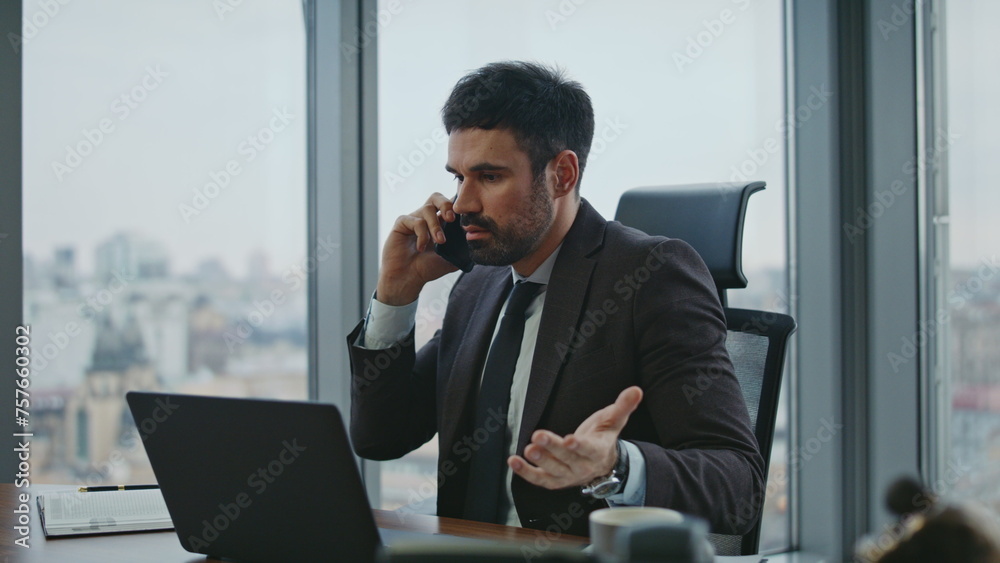 Ceo arguing phone call sitting office feeling despair closeup. Man yelling phone Ceo arguing phone call sitting office feeling despair closeup. Man yelling phone