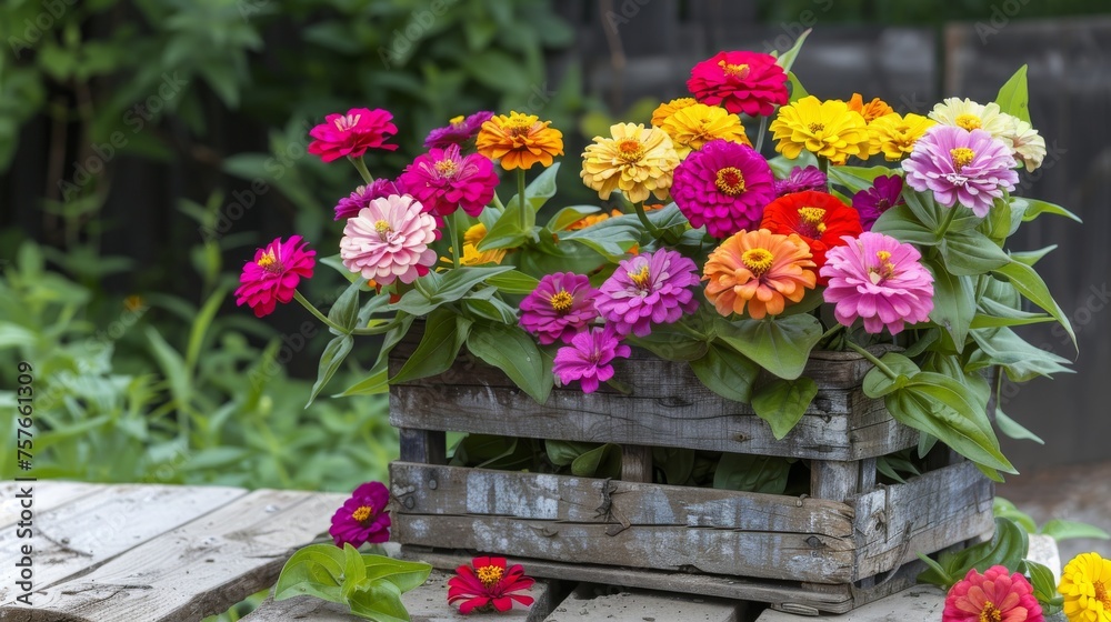 Blooming Zinnia Flowers Displayed on Rustic Garden Table