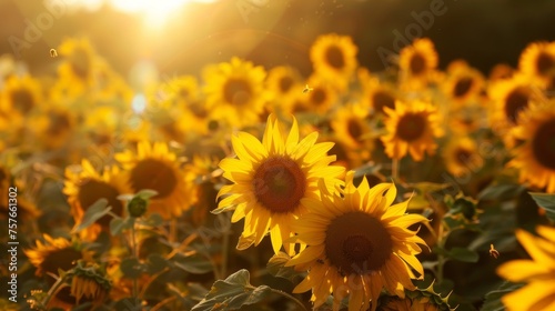 Sunflower Field at Dusk with Bees Nature Image