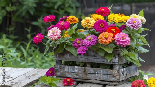 Blooming Zinnia Flowers Displayed on Rustic Garden Table