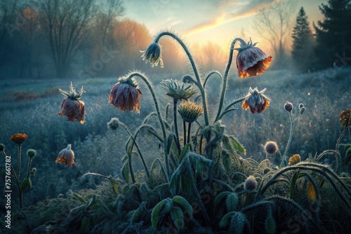 Flowers wilt in the early frost, bracing against the nippy dawn.