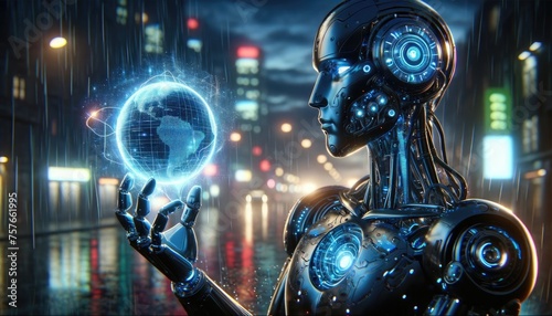 Highly detailed humanoid robot holds a glowing Earth globe, overlooking a cityscape at dusk, symbolizing technological advancement and the future.