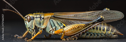  Adult grey bird grasshopper Schistocerca nitens,
Detailed closeup of a grasshopper perched on a branch  photo