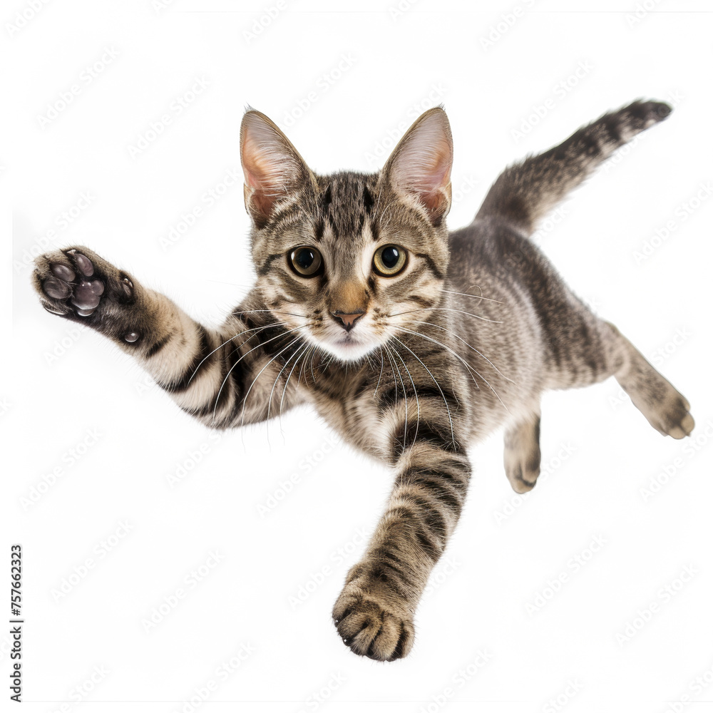 photo of a playful tabby cat jumping mid-air looking at camera on white background.