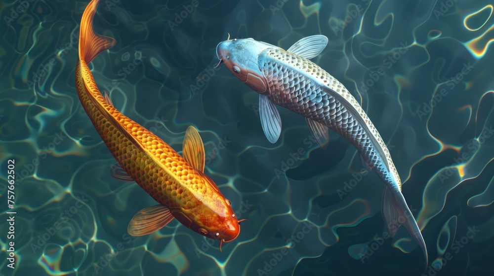Two golden koi in deep blue water.. Two golden koi in deep blue water..