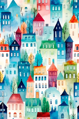 Watercolor cityscape, houses seamless pattern. Can be used for printing on fabric, wallpaper, wrapping paper