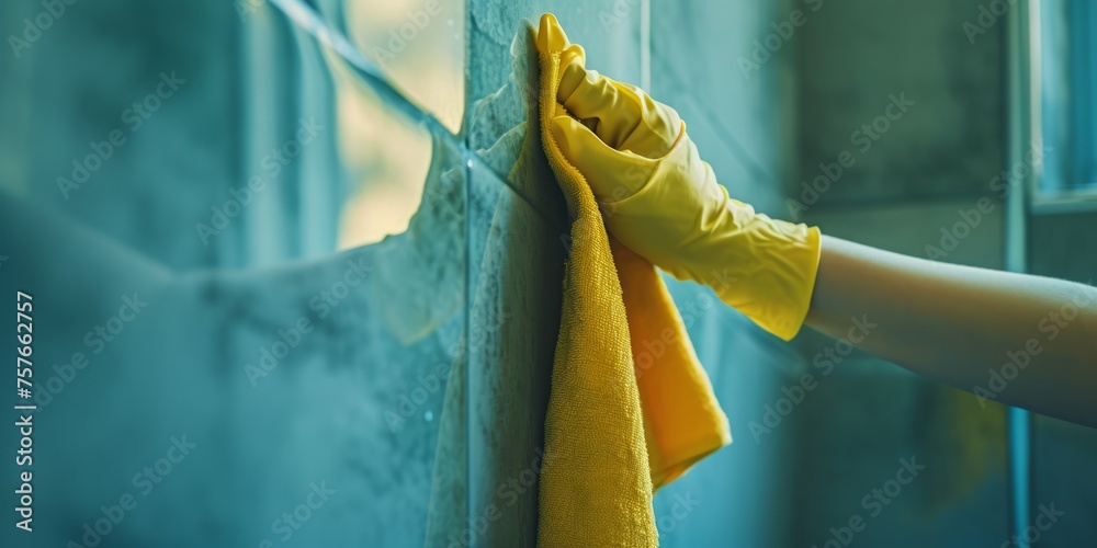 A person hand cleaning the bathroom wall - obrazy, fototapety, plakaty 