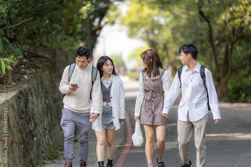 Scenery of four Taiwanese college students walking while talking in the nature of the Maokong, a tourist attraction in Wenshan District, Taipei City, Taiwan 台湾台北市文山区の観光名所の猫空の自然の中を台湾人の大学生の男女四人が話しながら歩く風 Scenery of four Taiwanese college students walking while talking in the nature of the Maokong, a tourist attraction in Wenshan District, Taipei City, Taiwan 台湾台北市文山区の観光名所の猫空の自然の中を台湾人の大学生の男女四人が話しながら歩く風