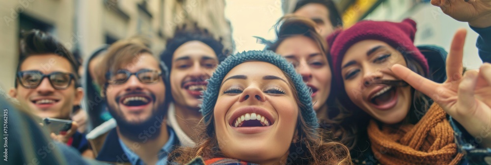 Group of friends taking a selfie together - Excited diverse group of friends posing for a joyous selfie together outdoors Group of friends taking a selfie together - Excited diverse group of friends posing for a joyous selfie together outdoors