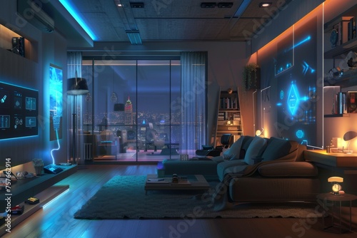 Futuristic smart home with holographic displays - A cozy tech-enhanced living room at night with glowing holographic smart home interfaces and city view