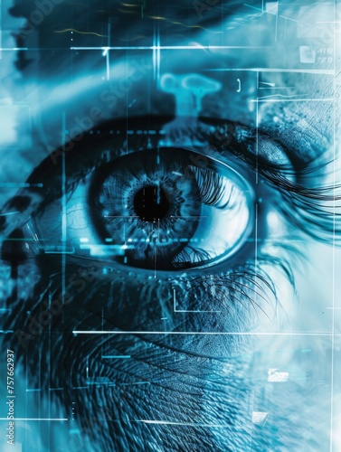 Futuristic eye with digital overlay and blue tones - A visually striking image featuring a detailed human eye amplified with a futuristic digital overlay and blue tones