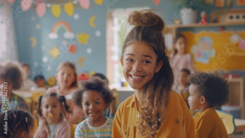 Happy girl with students in playful classroom - Radiant young woman among joyous children in a decorated preschool classroom © Tida